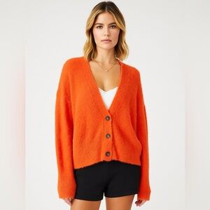 Free People Orange Cardigan Sweater Oversized Small Comfy Fall Chic Cozy Fuzzy